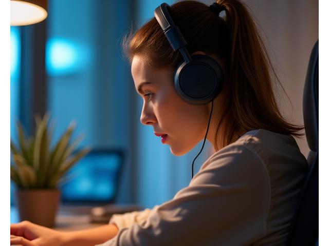 헤드폰을 낀 사람이 집중하여 작업하는 모습