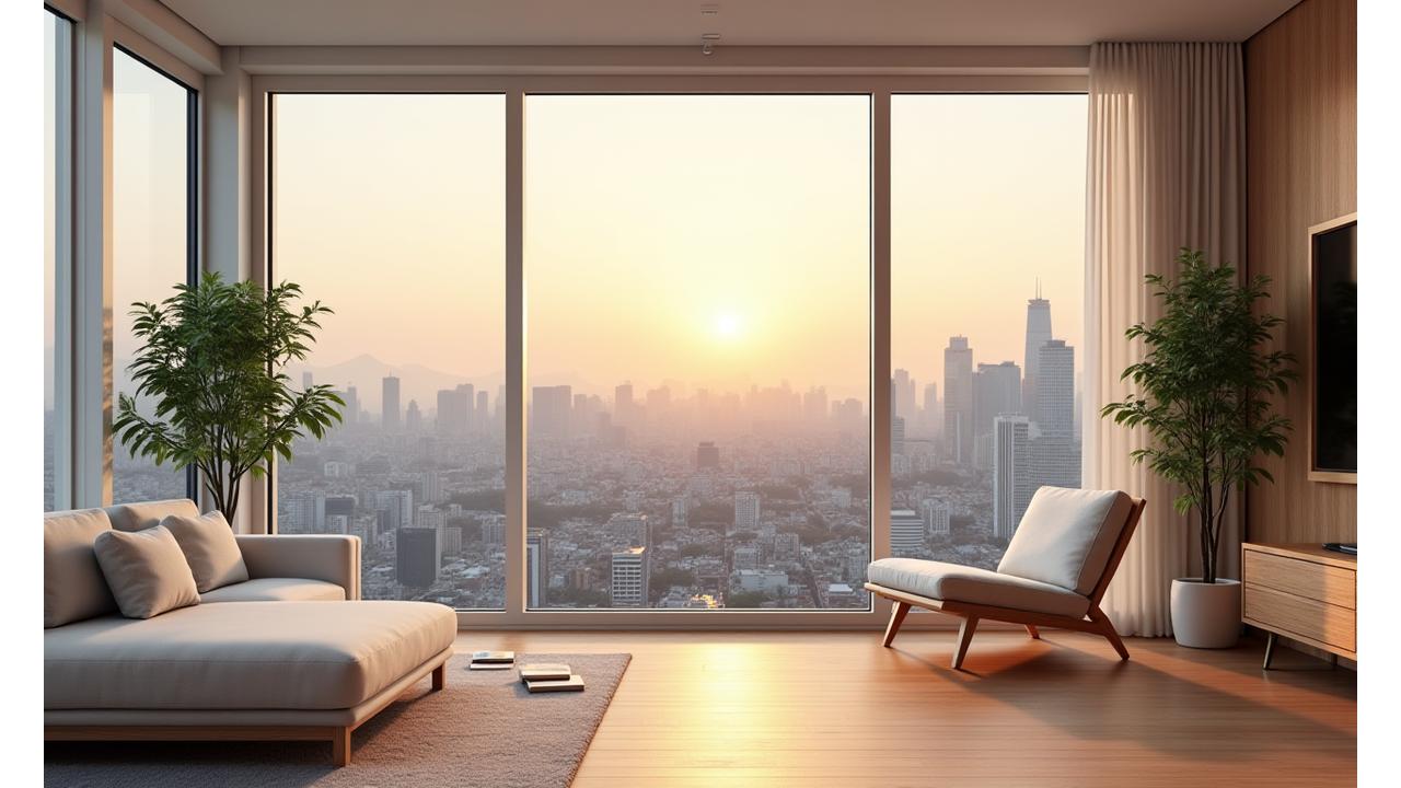 서울 도심의 현대적인 아파트와 자연 요소가 조화된 미니멀한 인테리어